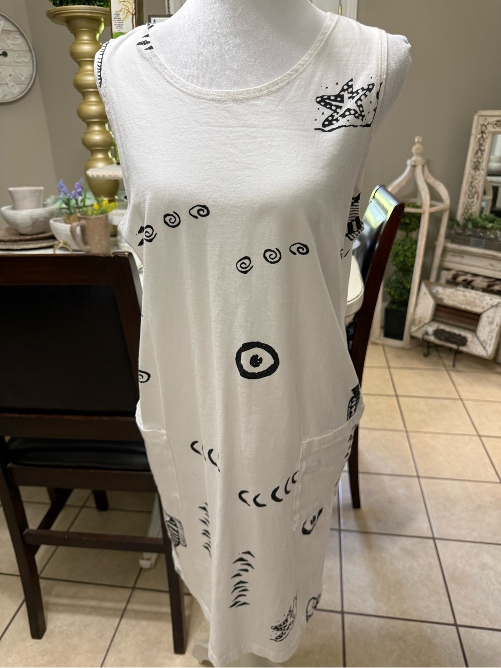 Boho White Sleeveless Midi Dress with Black Abstract Prints - Picture 2 of 4
